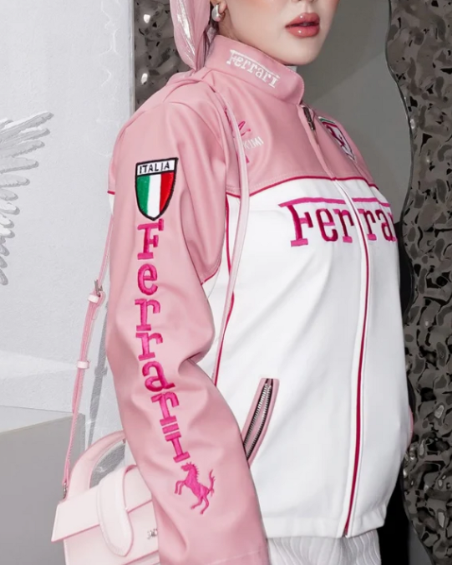 Pink Ferrari F1 Racing Leather Jacket - Luxury Motorsports Apparel