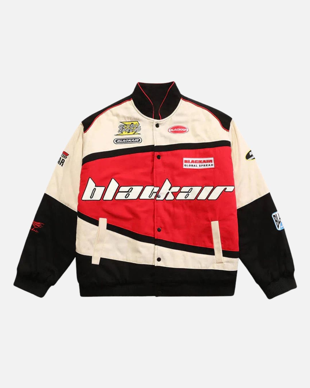BlackAir jacket in black with red and beige accents, unisex streetwear jacket by Formova with bold modern design