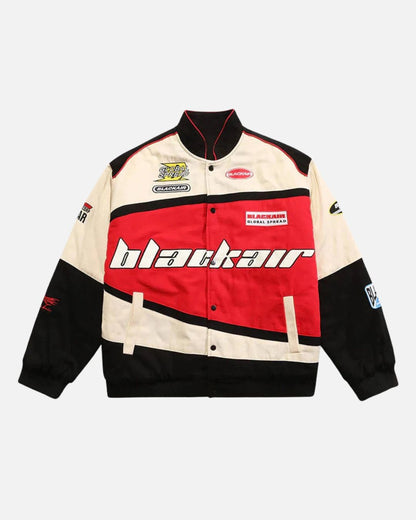BlackAir jacket in black with red and beige accents, unisex streetwear jacket by Formova with bold modern design