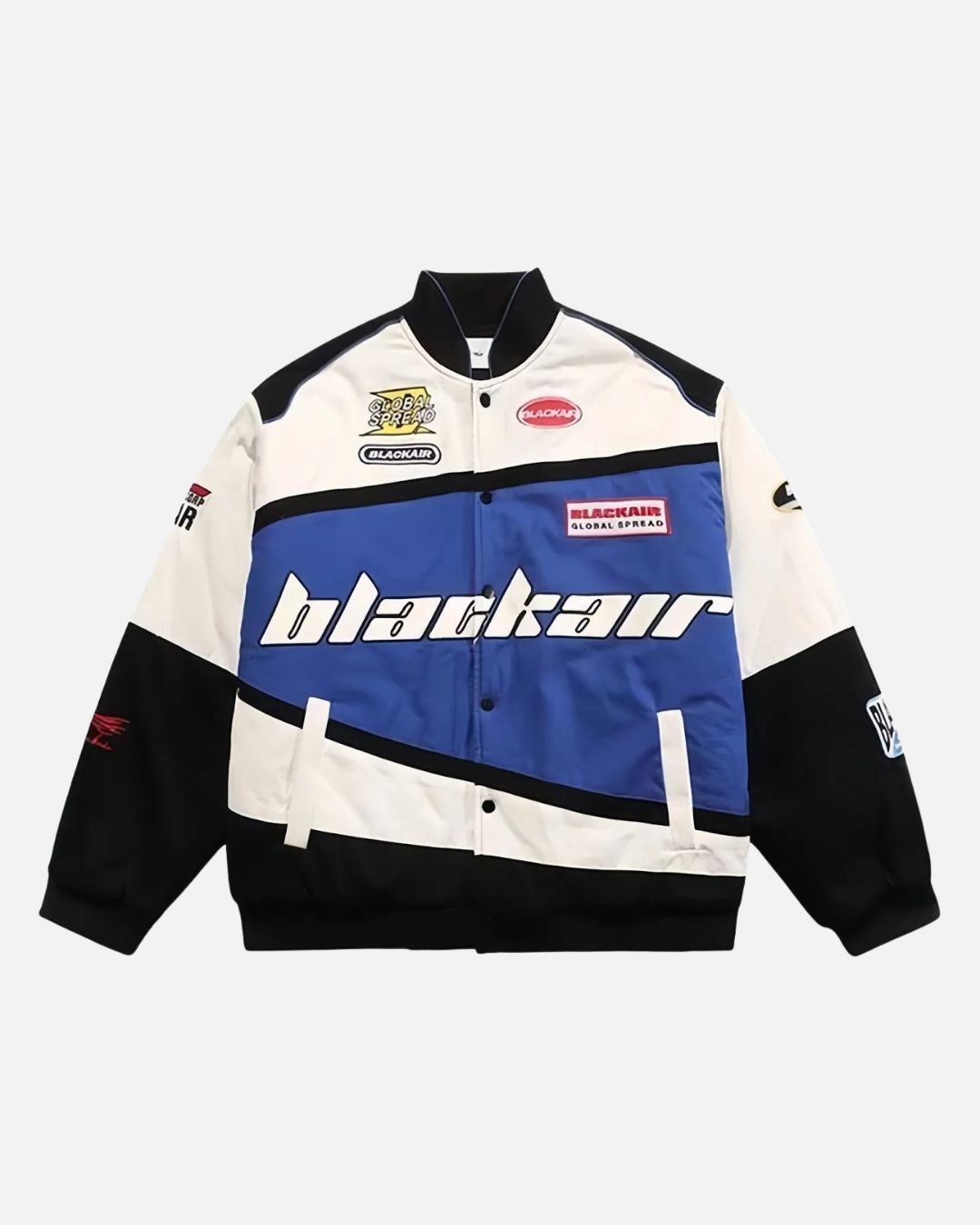 BlackAir jacket in black with white and blue accents, unisex streetwear jacket by Formova with modern sporty design