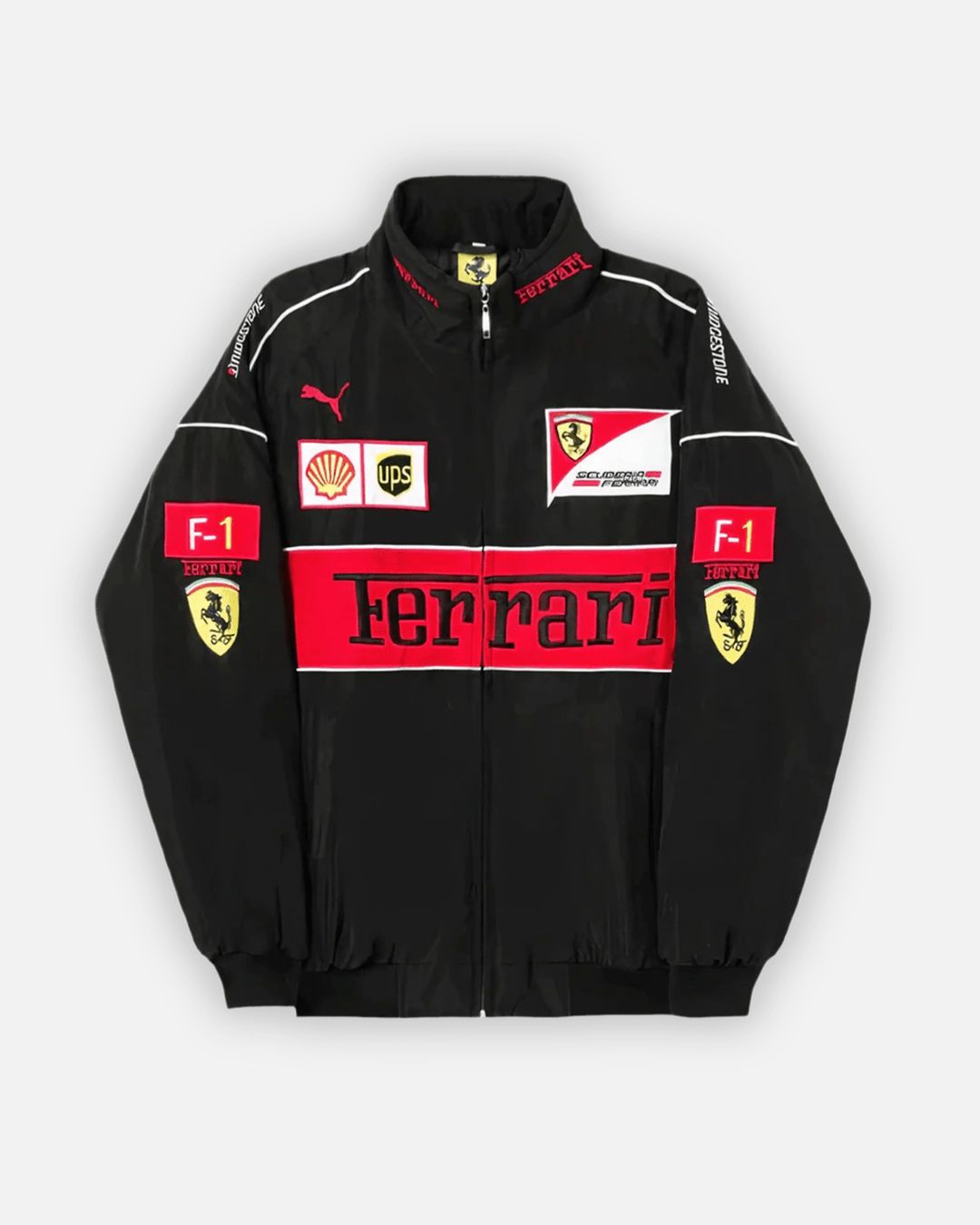 Black Ferrari Scuderia jacket by Formova featuring premium material, sleek design, and motorsport-inspired detailing