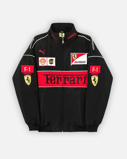 Black Ferrari Scuderia jacket by Formova featuring premium material, sleek design, and motorsport-inspired detailing