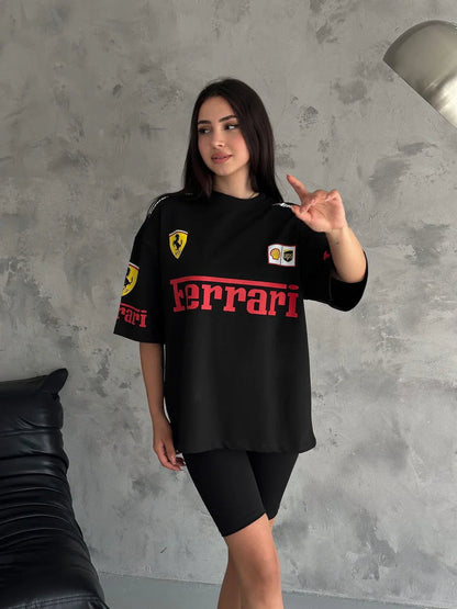 Black Ferrari inspired premium t-shirt by Formova with minimalist motorsport design and soft cotton fabric