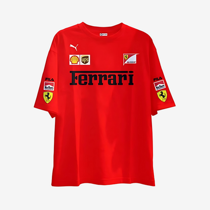 Red Ferrari F1 t-shirt with bold motorsport design, premium cotton fabric, and sporty streetwear style