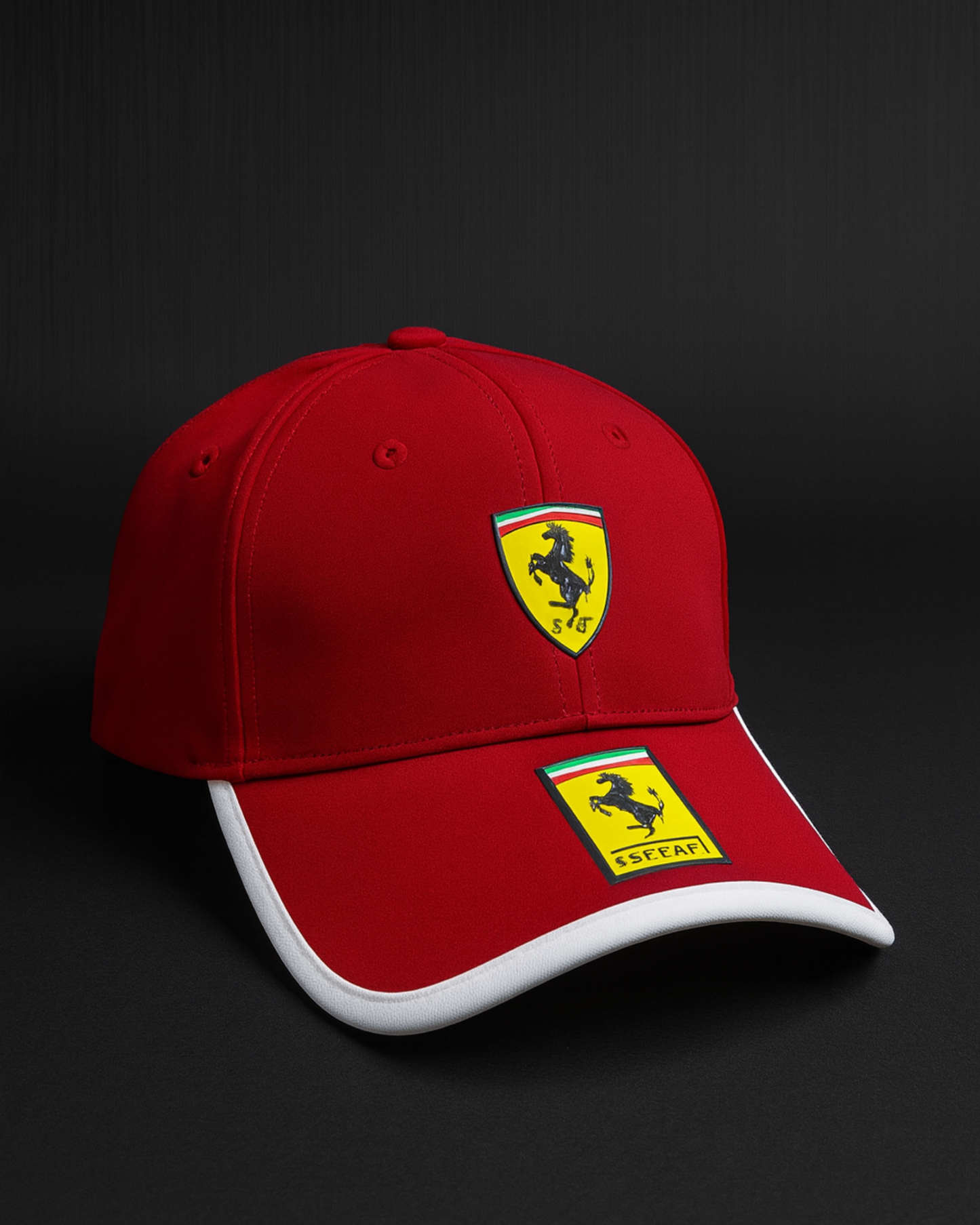 Red Ferrari F1 vintage cap by Formova with bold racing design and adjustable fit