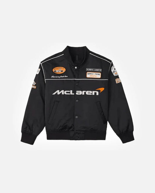 McLaren F1 varsity jacket with contrast sleeves, racing patches, and premium motorsport streetwear design
