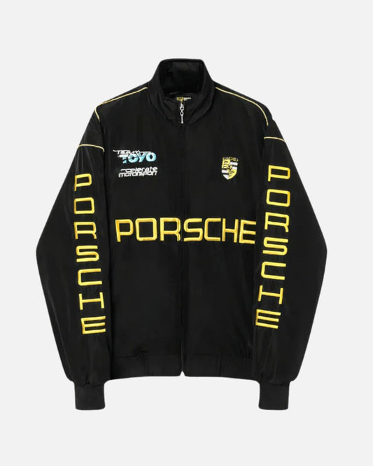 Vintage Porsche racing jacket with retro design, premium fabric, and classic motorsport styling