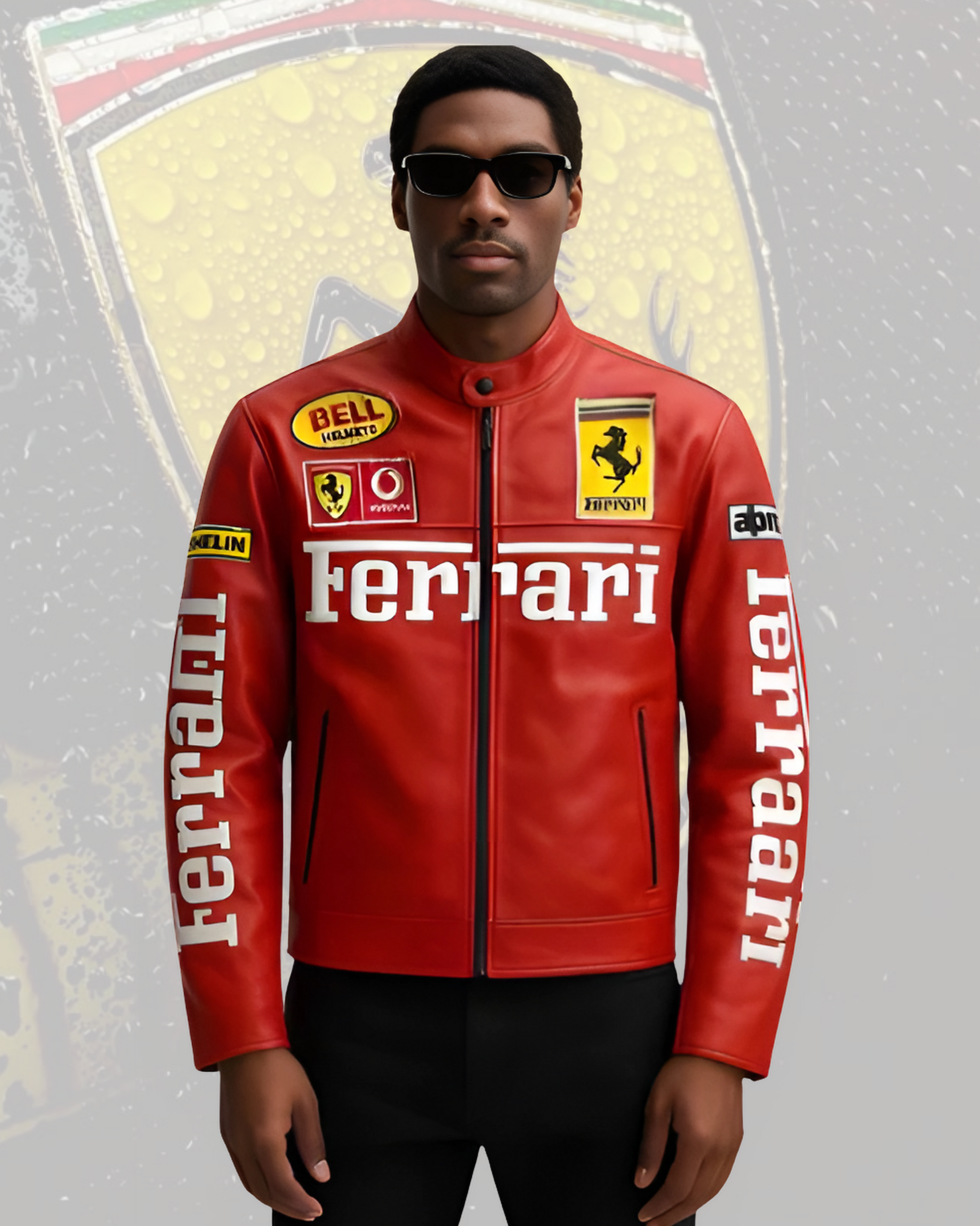 Person wearing a red Ferrari leather jacket with various logos on a gray background