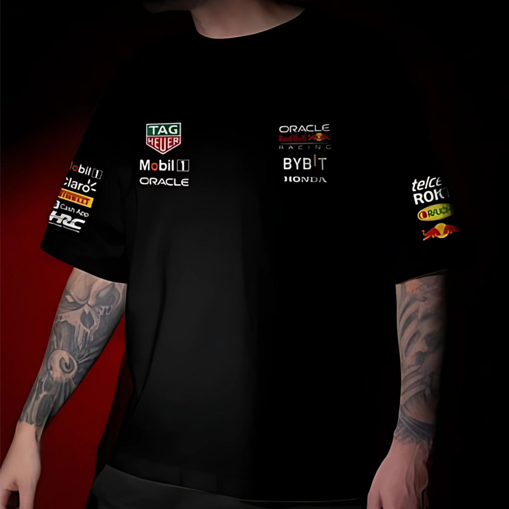 Red Bull racing t-shirt with bold motorsport graphics, premium cotton fabric, and sporty streetwear design