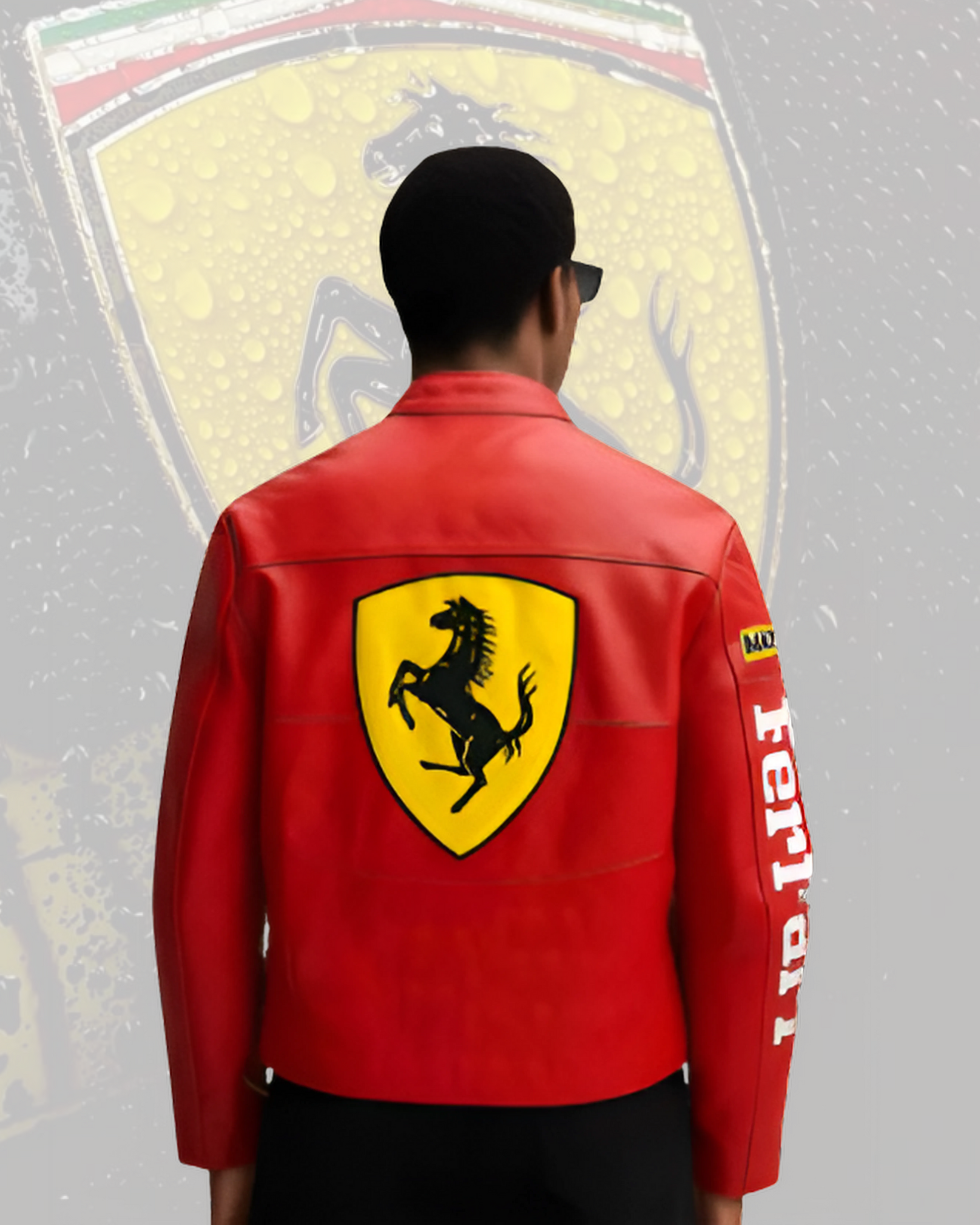 Person wearing a red Ferrari jacket with the brand logo on a gray background