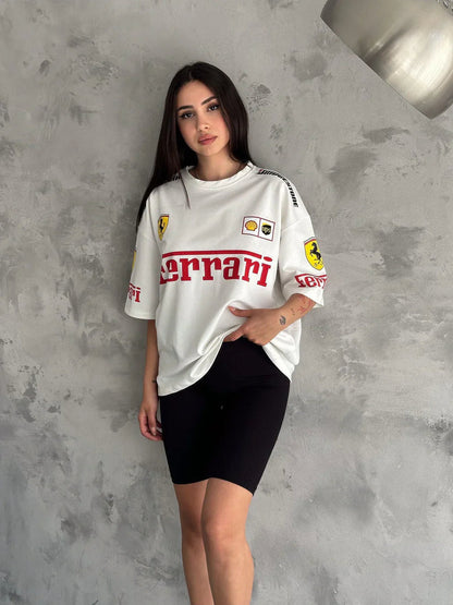 White Ferrari Scuderia unisex t-shirt by Formova featuring premium cotton fabric and clean motorsport-inspired design