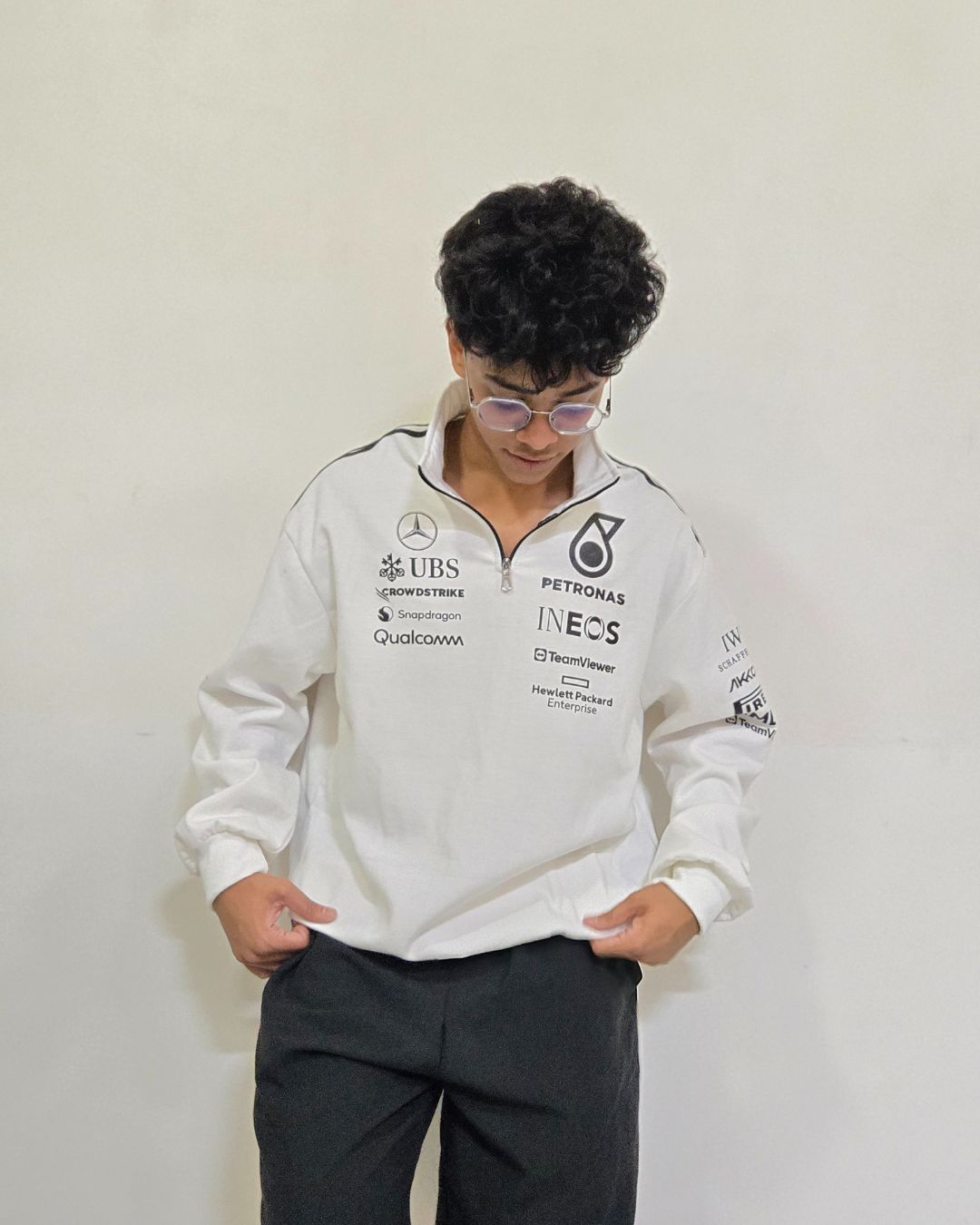Formova AMG Petronas white half zip polo sweatshirt with clean motorsport inspired design and premium fabric