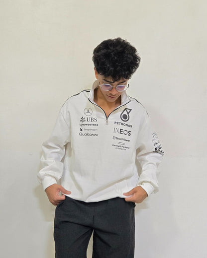 Formova AMG Petronas white half zip polo sweatshirt with clean motorsport inspired design and premium fabric