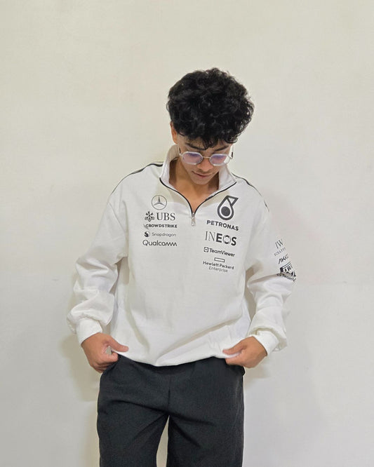 Formova AMG Petronas white half zip polo sweatshirt with clean motorsport inspired design and premium fabric